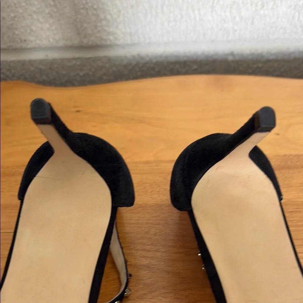 Marc Fisher Black Suede Stiletto Gold Studded Strappy Women's 11M Strappy Ankle